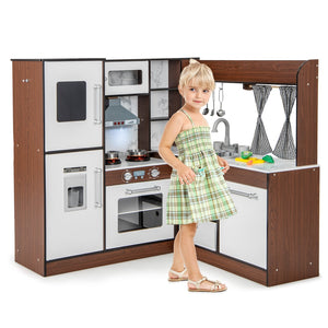 Wooden Corner Play Kitchen with Water Circulation System and Lights-Brown view 3