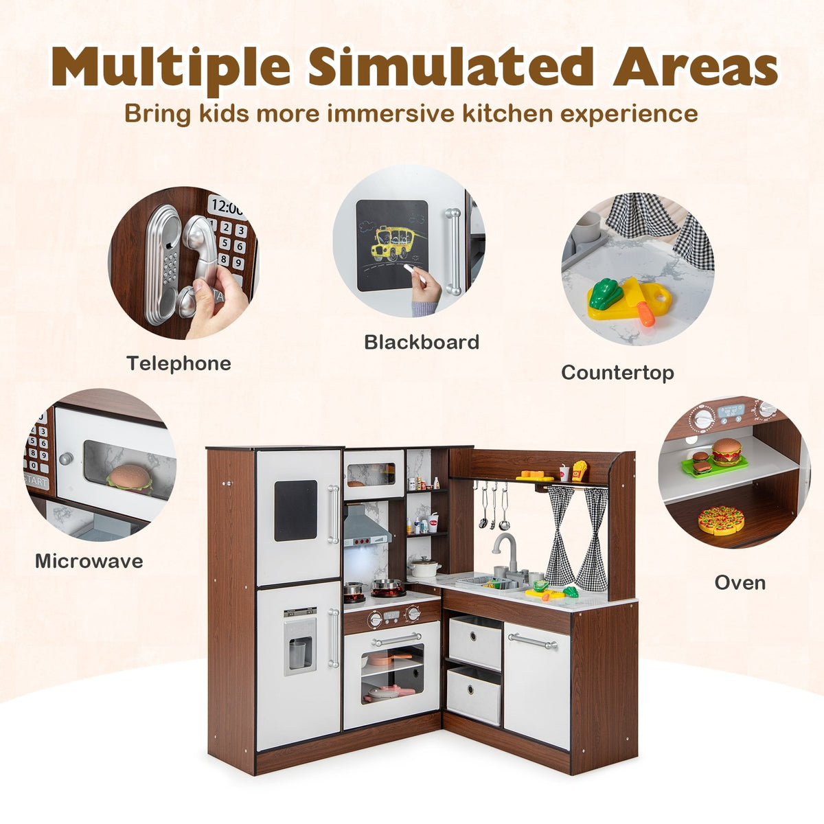 Wooden Corner Play Kitchen with Water Circulation System and Lights-Brown view 7