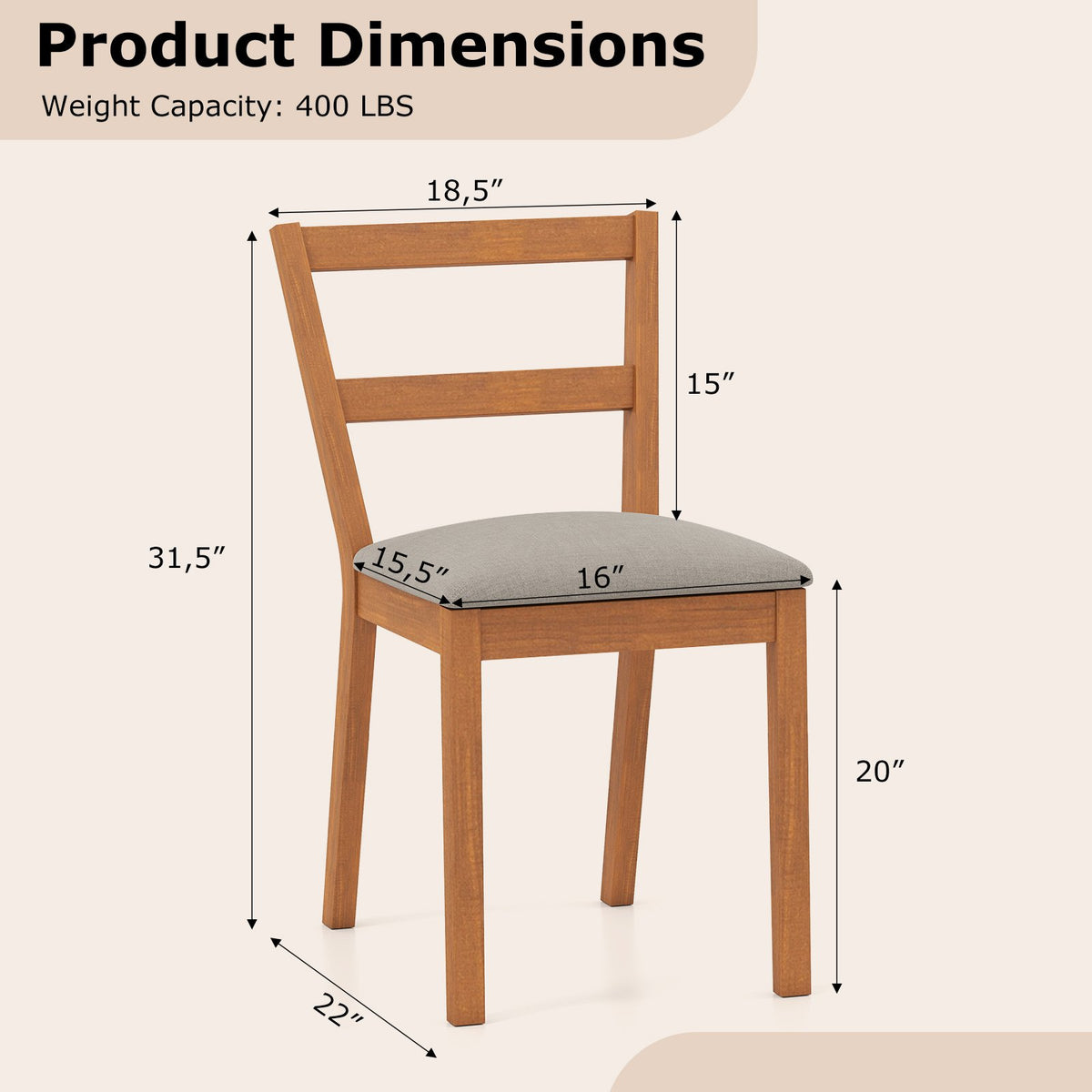 Wooden Dining Chair Set of 2 Farmhouse Kitchen Chair with Upholstered Seat-Brown view 3