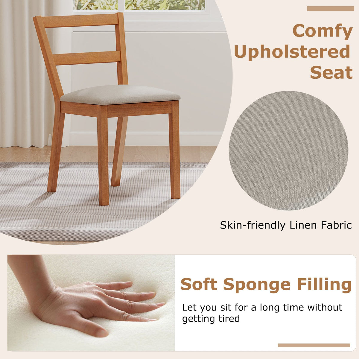 Wooden Dining Chair Set of 2 Farmhouse Kitchen Chair with Upholstered Seat-Brown view 4