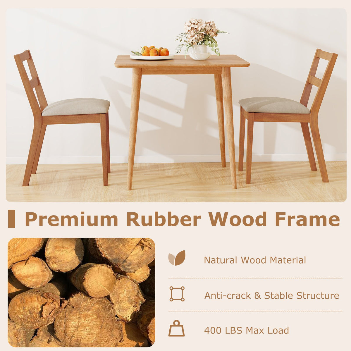 Wooden Dining Chair Set of 2 Farmhouse Kitchen Chair with Upholstered Seat-Brown view 5