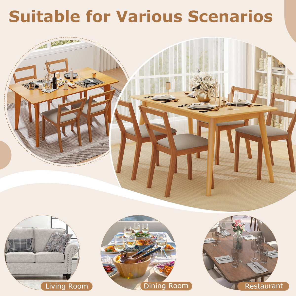 Wooden Dining Chair Set of 2 Farmhouse Kitchen Chair with Upholstered Seat-Brown view 6