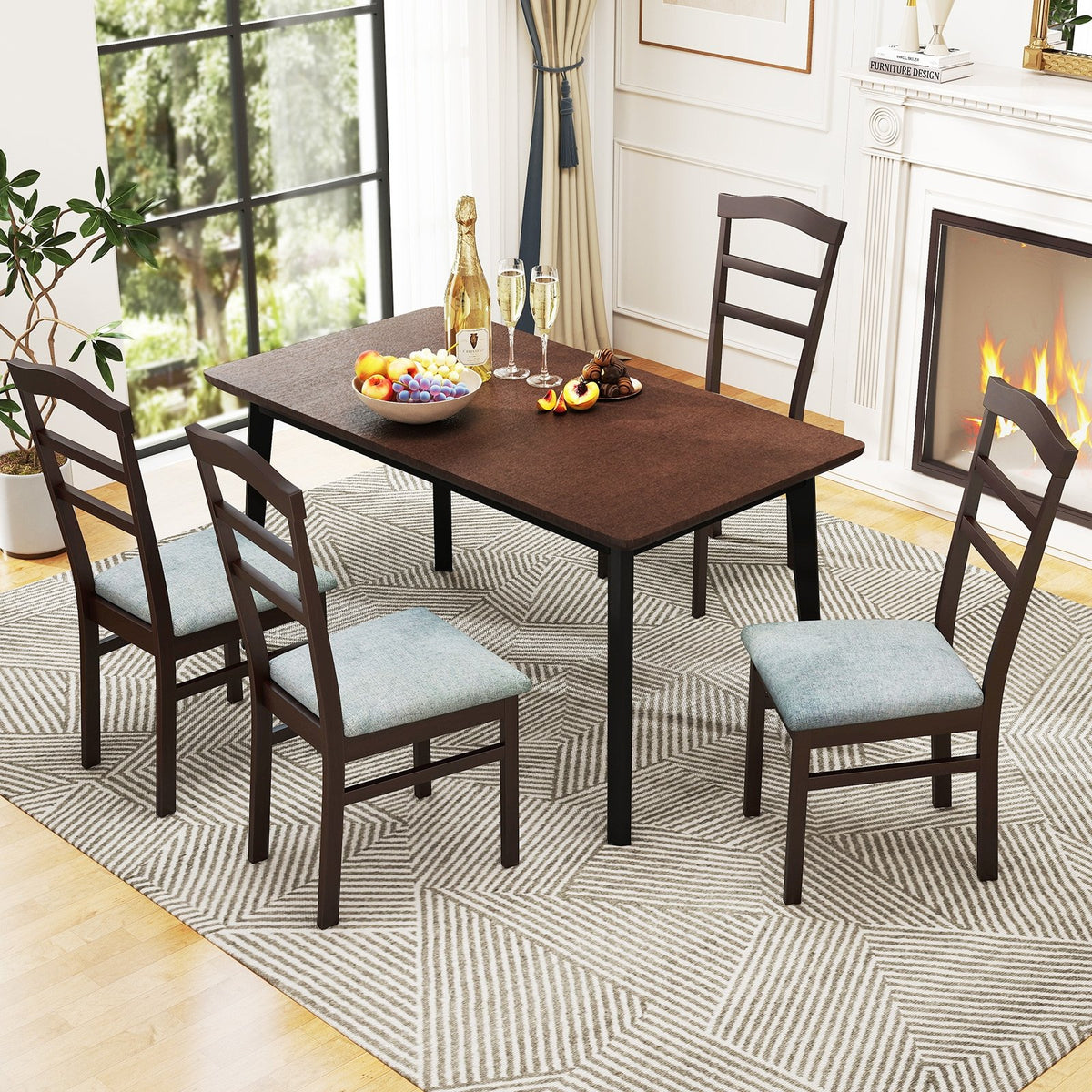 Wooden Dining Chair Set of 2 Linen Fabric Upholstered Kitchen Chairs Farmhouse Side Accent Chairs view 2