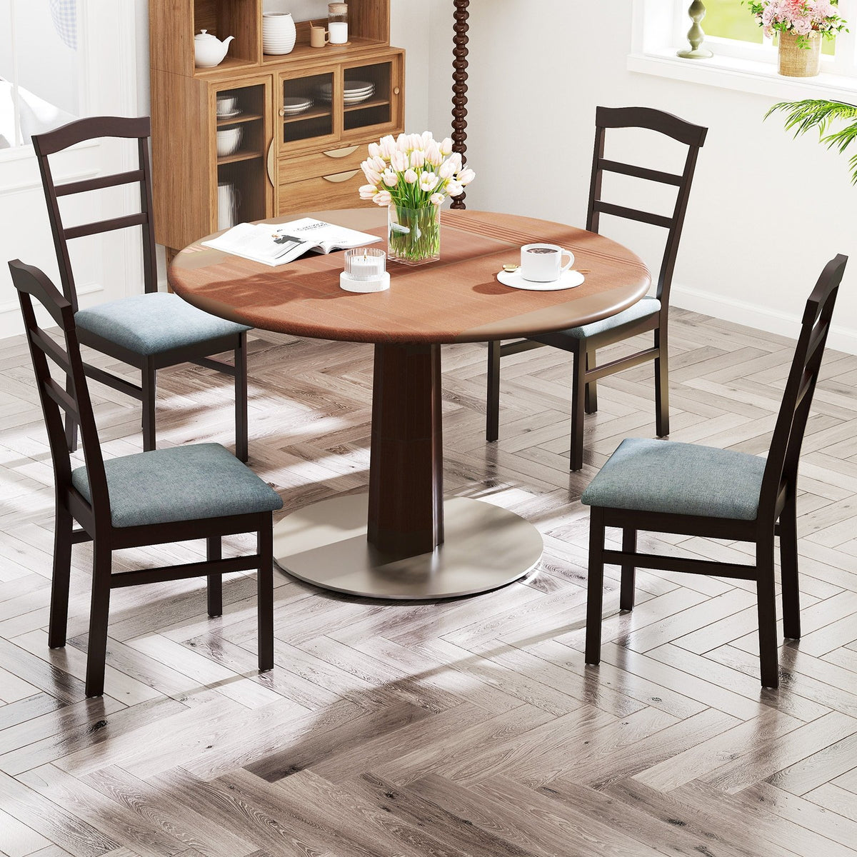 Wooden Dining Chair Set of 2 Linen Fabric Upholstered Kitchen Chairs Farmhouse Side Accent Chairs view 3