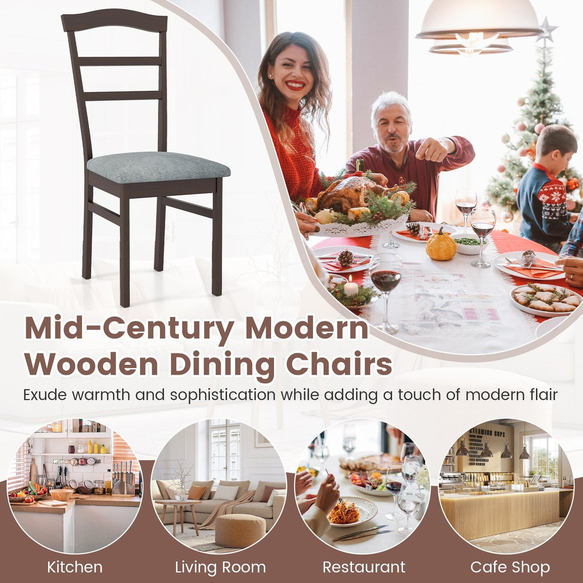 Wooden Dining Chair Set of 2 Linen Fabric Upholstered Kitchen Chairs Farmhouse Side Accent Chairs view 9