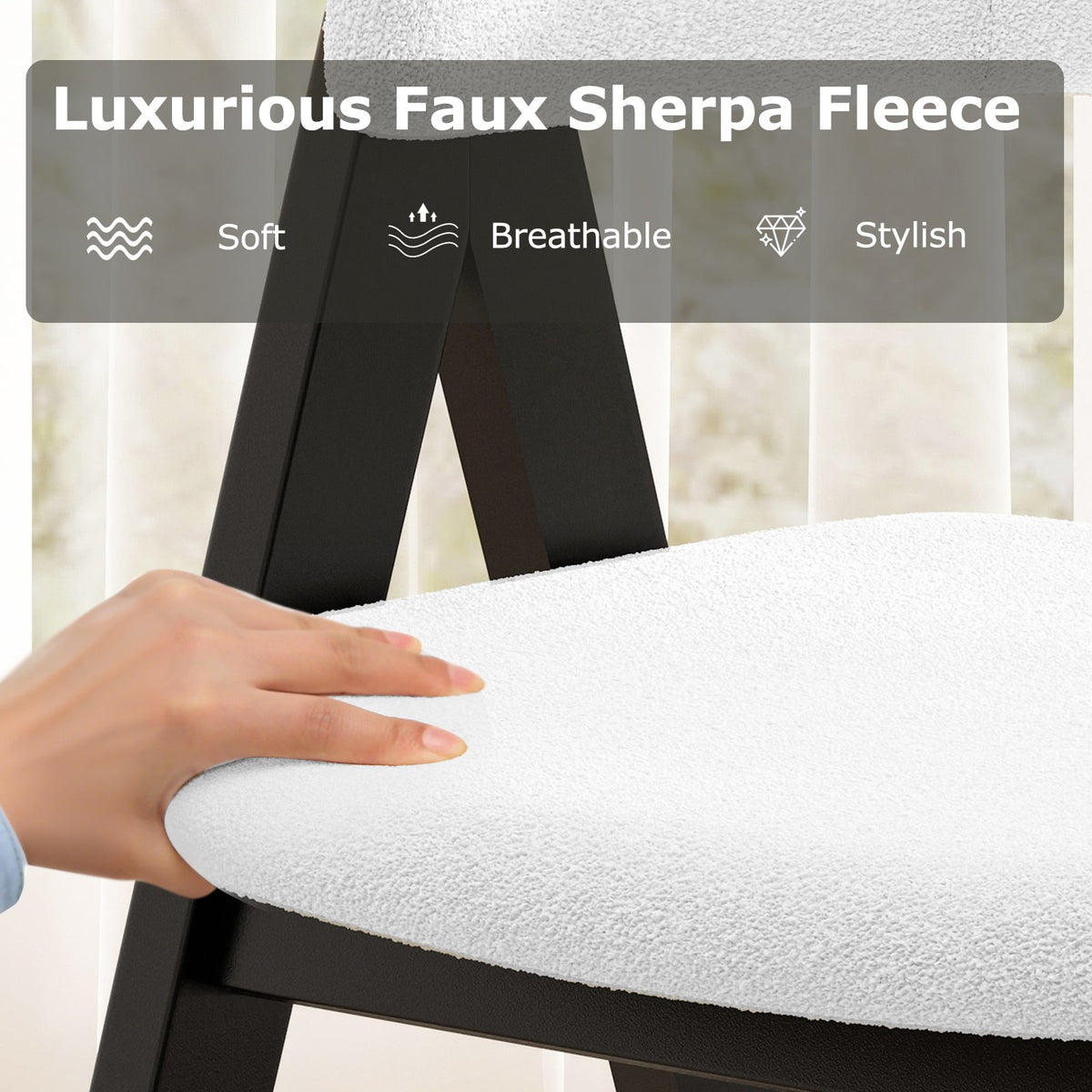 Wooden Dining Chair Set of 2 Mid-Century Modern Sherpa Upholstered Kitchen Dining Room Chairs-Black view 6
