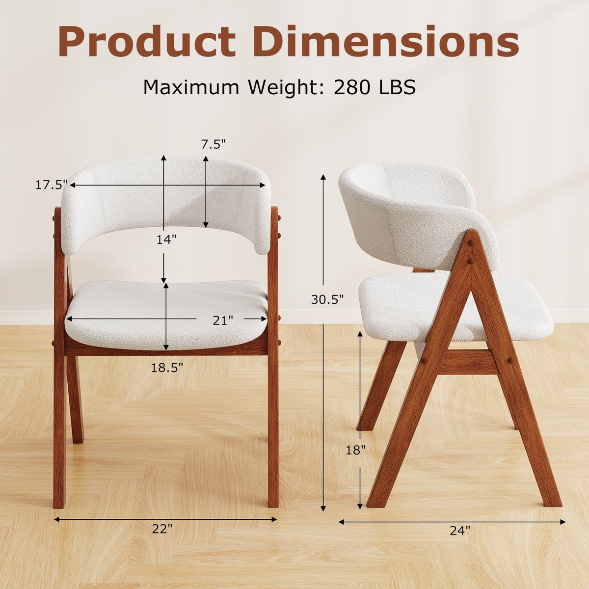 Wooden Dining Chair Set of 2 Mid-Century Modern Sherpa Upholstered Kitchen Dining Room Chairs-Walnut view 4