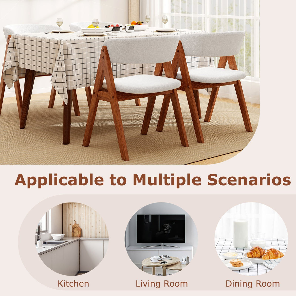 Wooden Dining Chair Set of 2 Mid-Century Modern Sherpa Upholstered Kitchen Dining Room Chairs-Walnut view 9