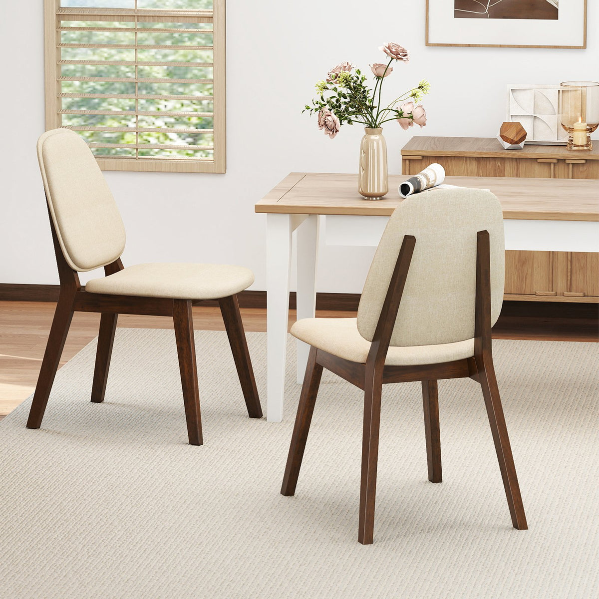 Wooden Dining Chair Set of 2 Mid-Century Modern Upholstered Side Armless Chair-Brown view 3