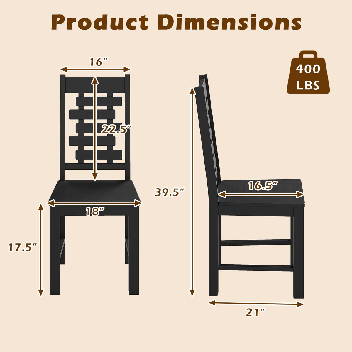 Wooden Dining Chair Set of 2 Solid Rubber Wood Kitchen Chairs-Black view 4