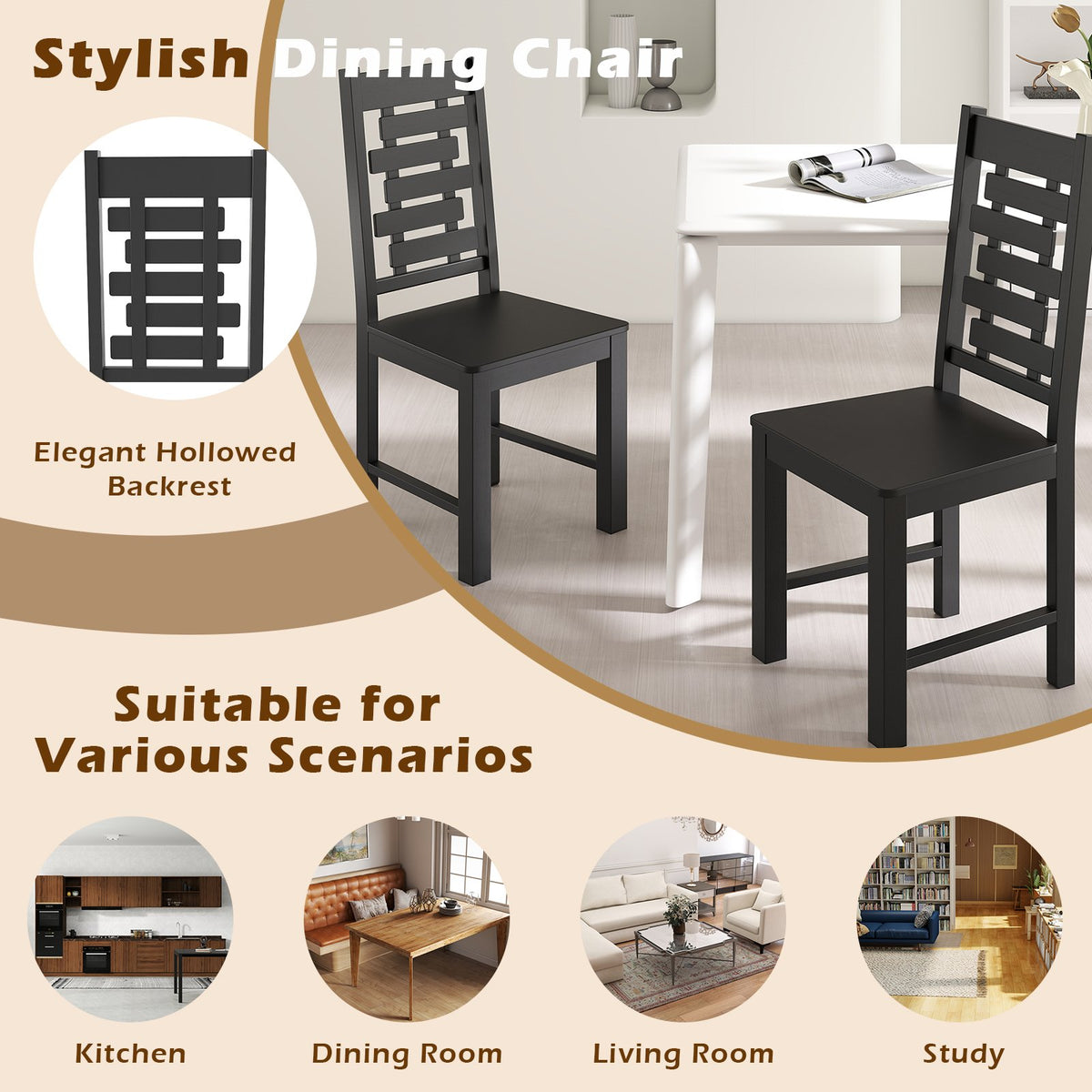 Wooden Dining Chair Set of 2 Solid Rubber Wood Kitchen Chairs-Black view 6