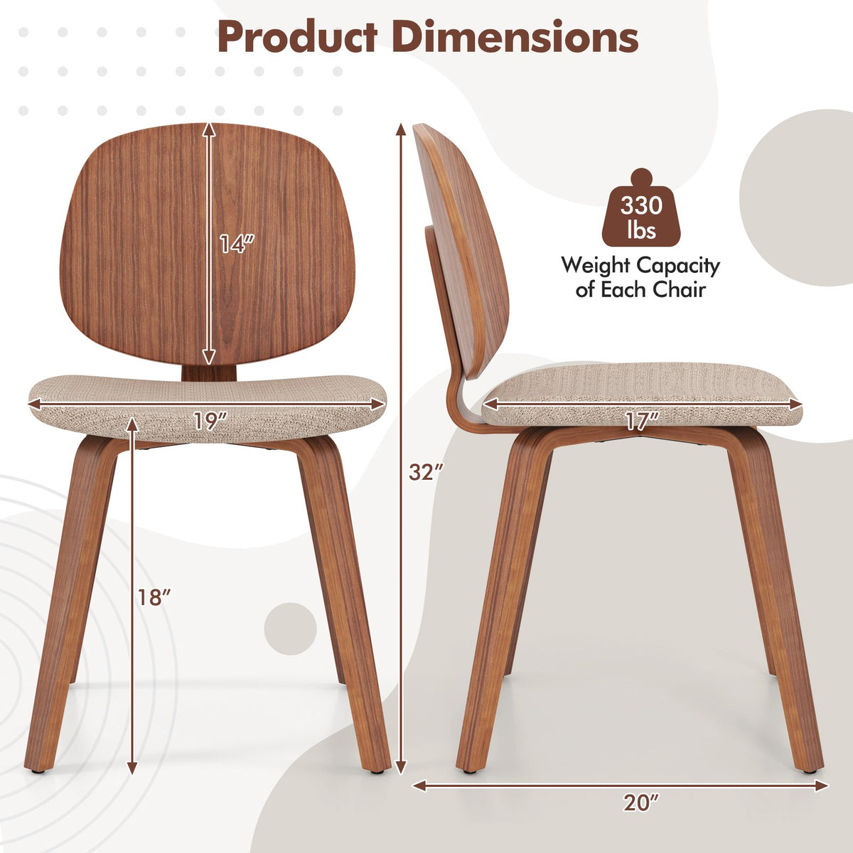 Wooden Dining Chair Set of 2 with Bentwood Frame and Padded Seat-Walnut view 5