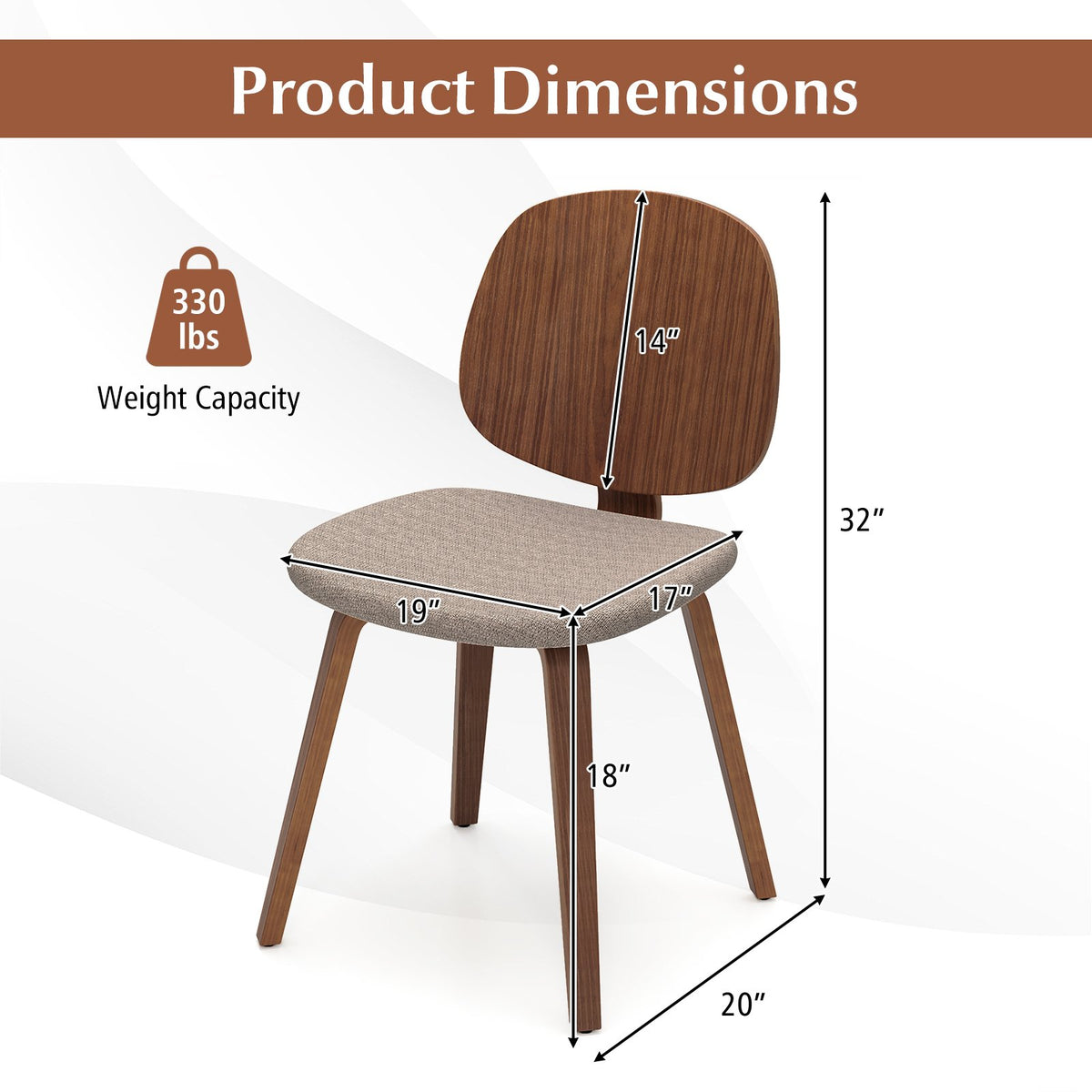 Wooden Dining Chair Set of 2 with Bentwood Frame and Padded Seat-Walnut view 6