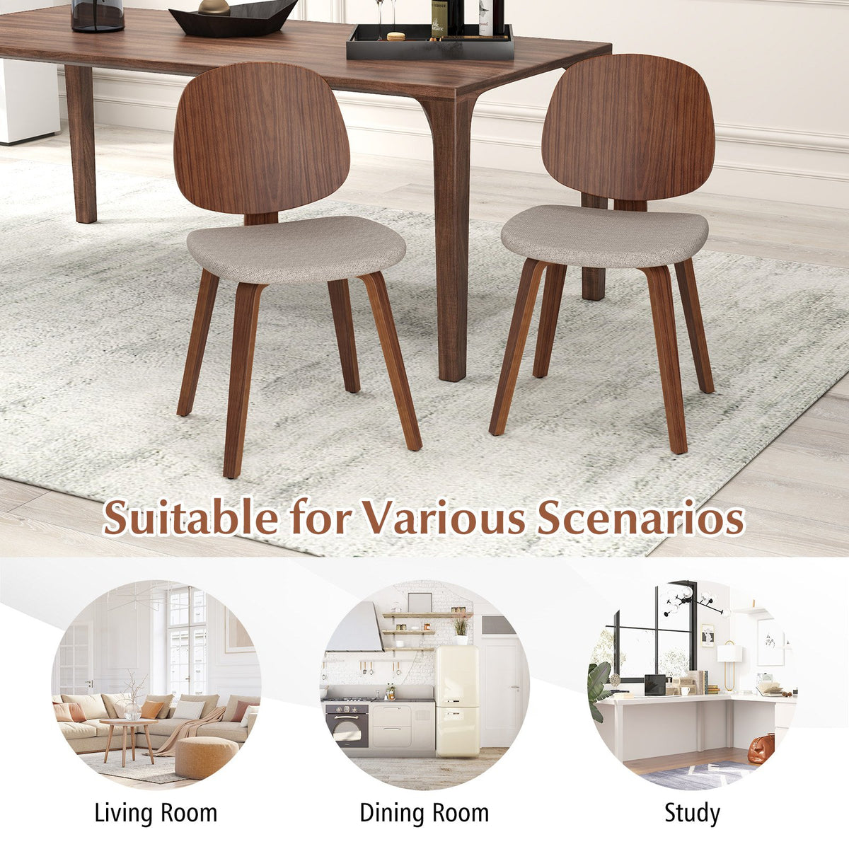 Wooden Dining Chair Set of 2 with Bentwood Frame and Padded Seat-Walnut view 9