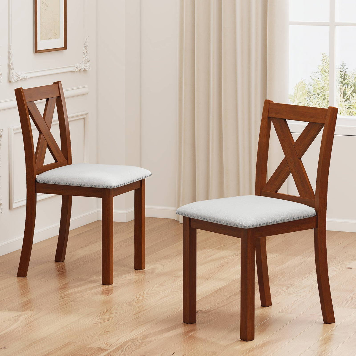 Wooden Dining Chair Set of 2 with Padded Seat and Curved Back-Beige view 2