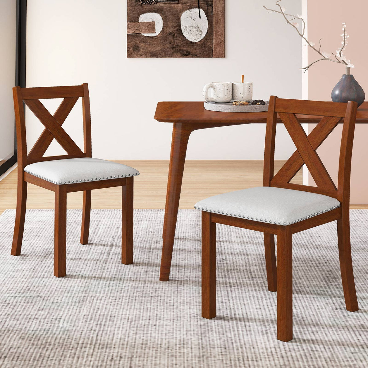 Wooden Dining Chair Set of 2 with Padded Seat and Curved Back-Beige view 3