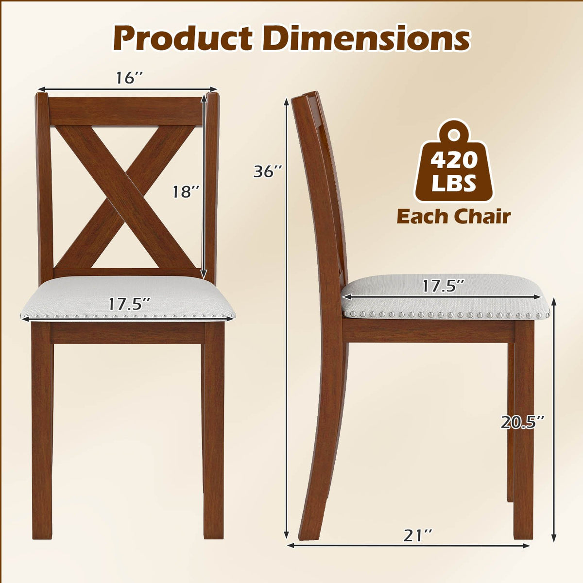 Wooden Dining Chair Set of 2 with Padded Seat and Curved Back-Beige view 4