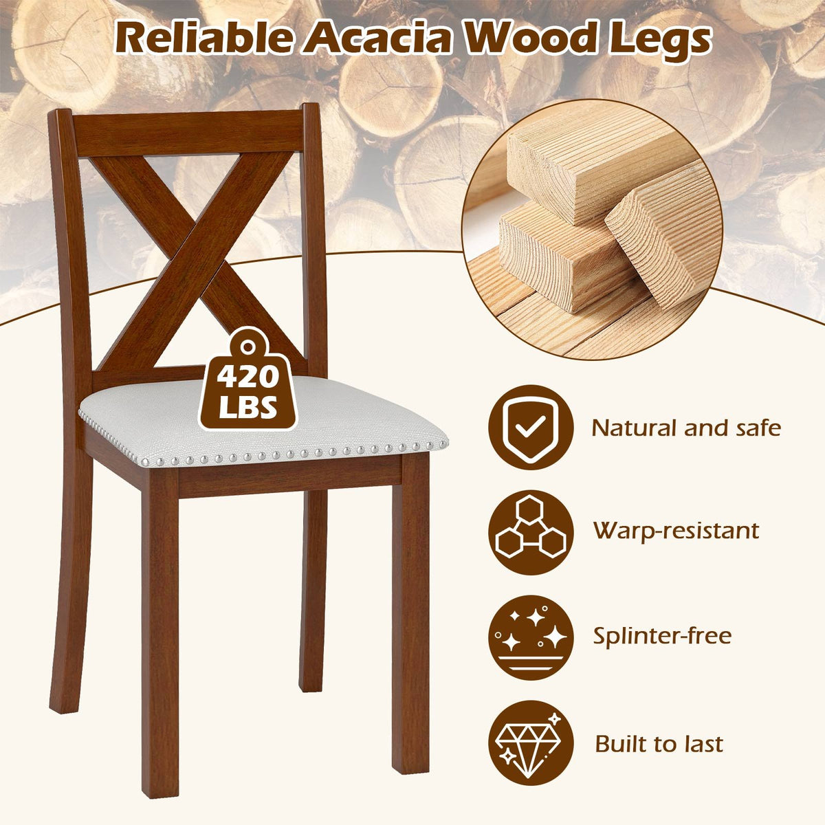 Wooden Dining Chair Set of 2 with Padded Seat and Curved Back-Beige view 7