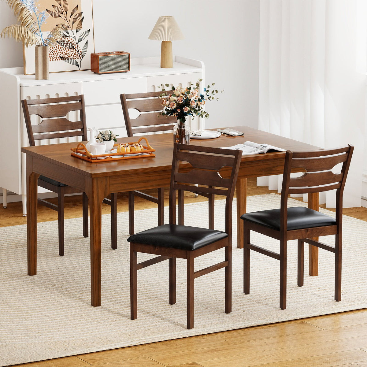 Wooden Dining Chair Set of 2 with PU Leather Padded Seat and Rubber Wood Frame-Walnut view 2