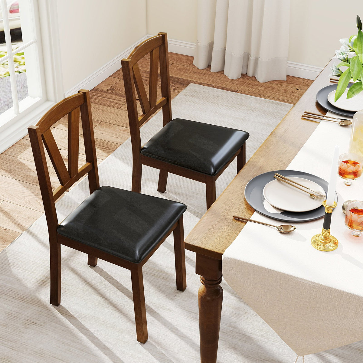 Wooden Dining Chair Set of 2 with PU Leather Upholstered and Rubber Wood Frame-Brown view 3