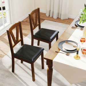 Wooden Dining Chair Set of 2 with PU Leather Upholstered and Rubber Wood Frame-Brown view 3