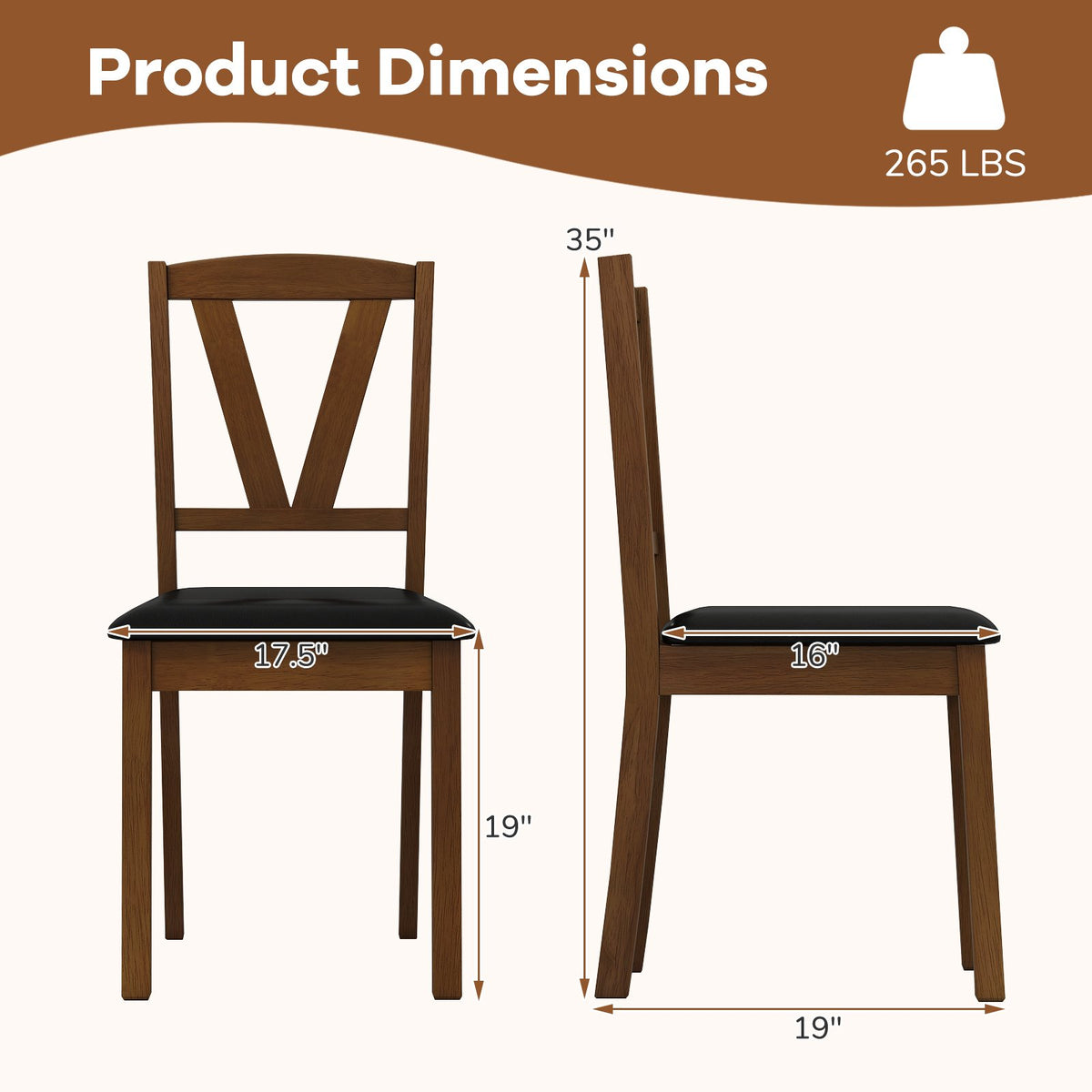 Wooden Dining Chair Set of 2 with PU Leather Upholstered and Rubber Wood Frame-Brown view 4