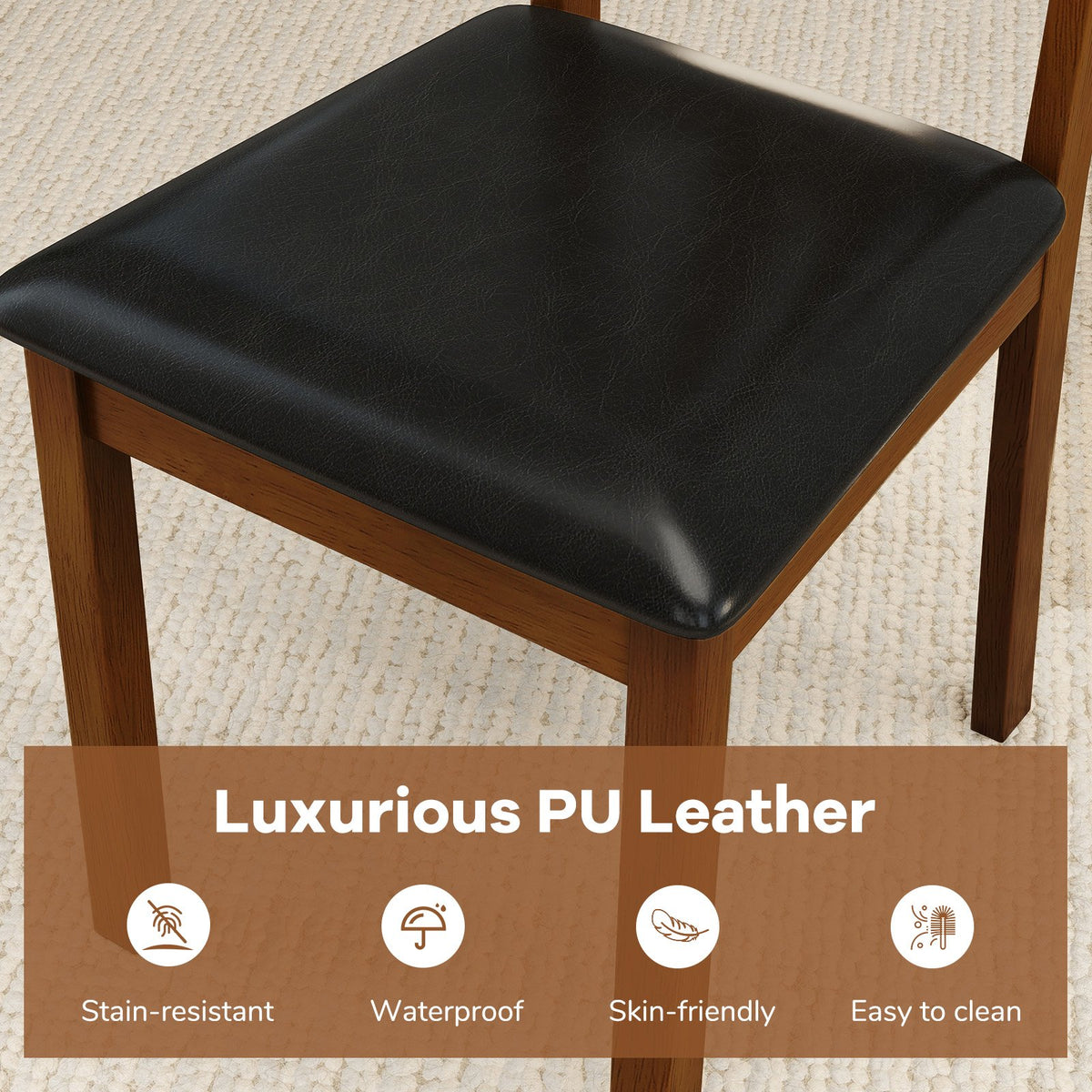 Wooden Dining Chair Set of 2 with PU Leather Upholstered and Rubber Wood Frame-Brown view 6