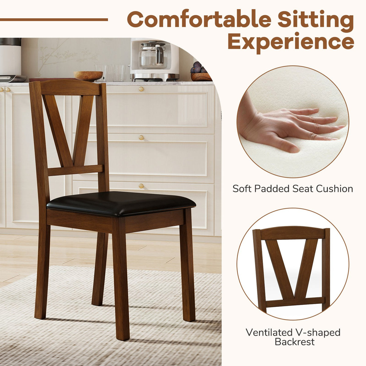 Wooden Dining Chair Set of 2 with PU Leather Upholstered and Rubber Wood Frame-Brown view 7