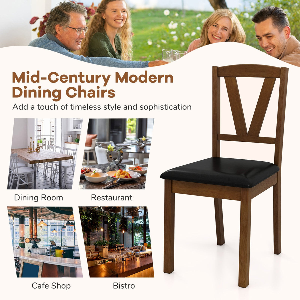 Wooden Dining Chair Set of 2 with PU Leather Upholstered and Rubber Wood Frame-Brown view 8
