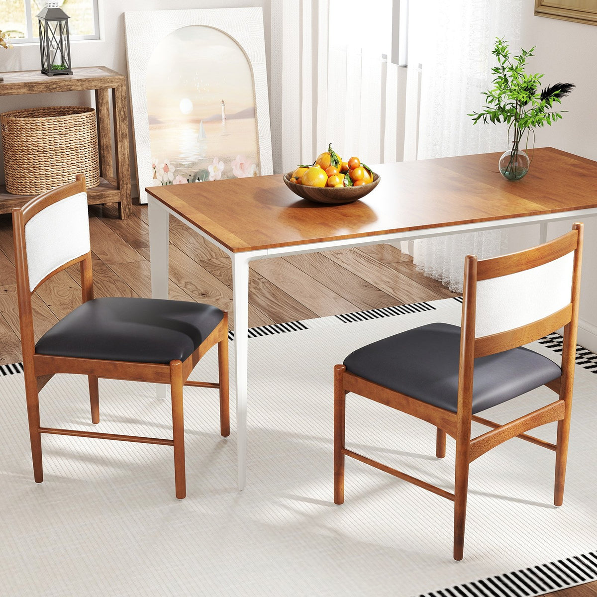 Wooden Dining Chair Set of 2 with Rubber Wood Frame and Faux Sherpa Backrest-Walnut view 3