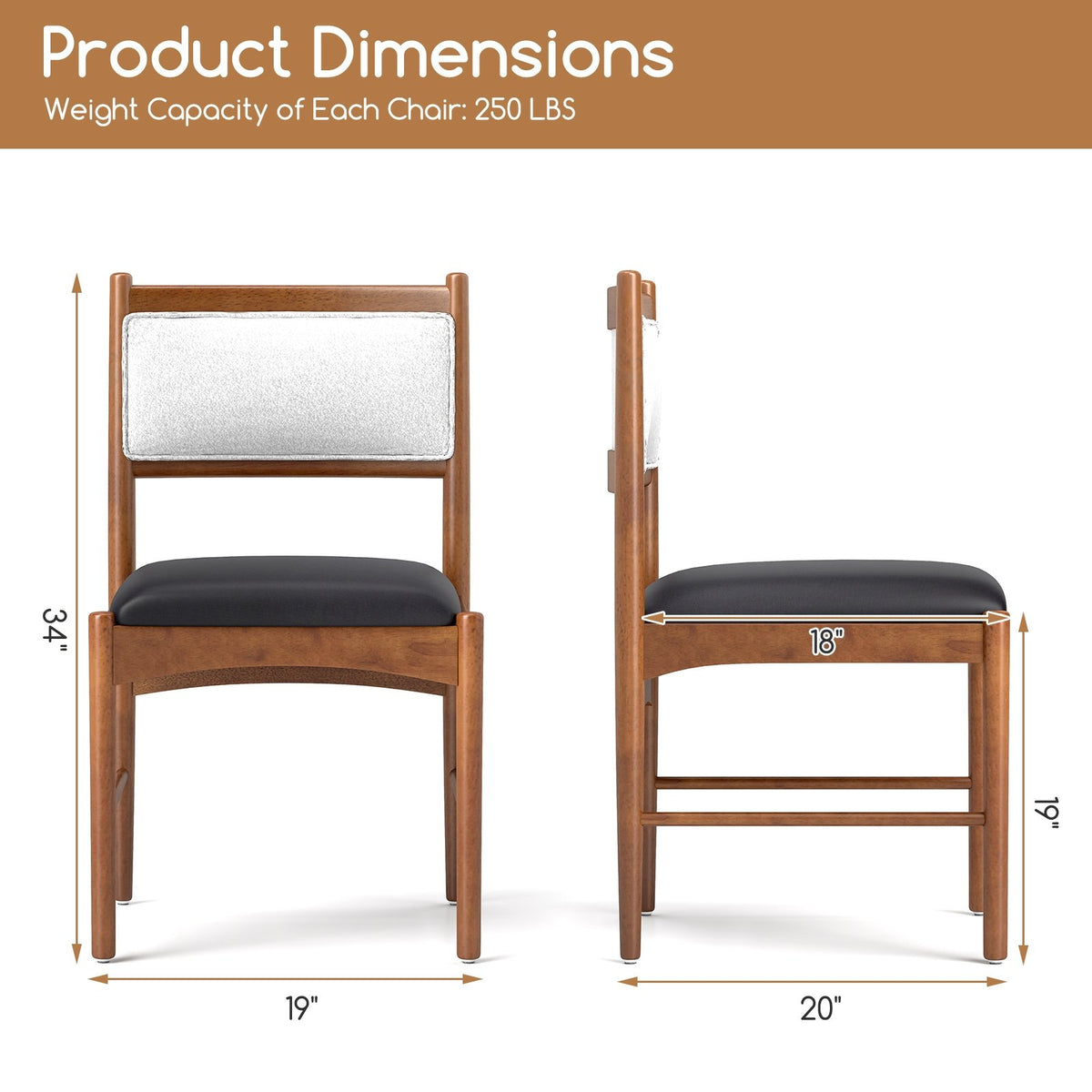 Wooden Dining Chair Set of 2 with Rubber Wood Frame and Faux Sherpa Backrest-Walnut view 4