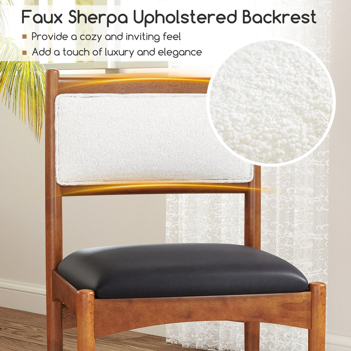 Wooden Dining Chair Set of 2 with Rubber Wood Frame and Faux Sherpa Backrest-Walnut view 7