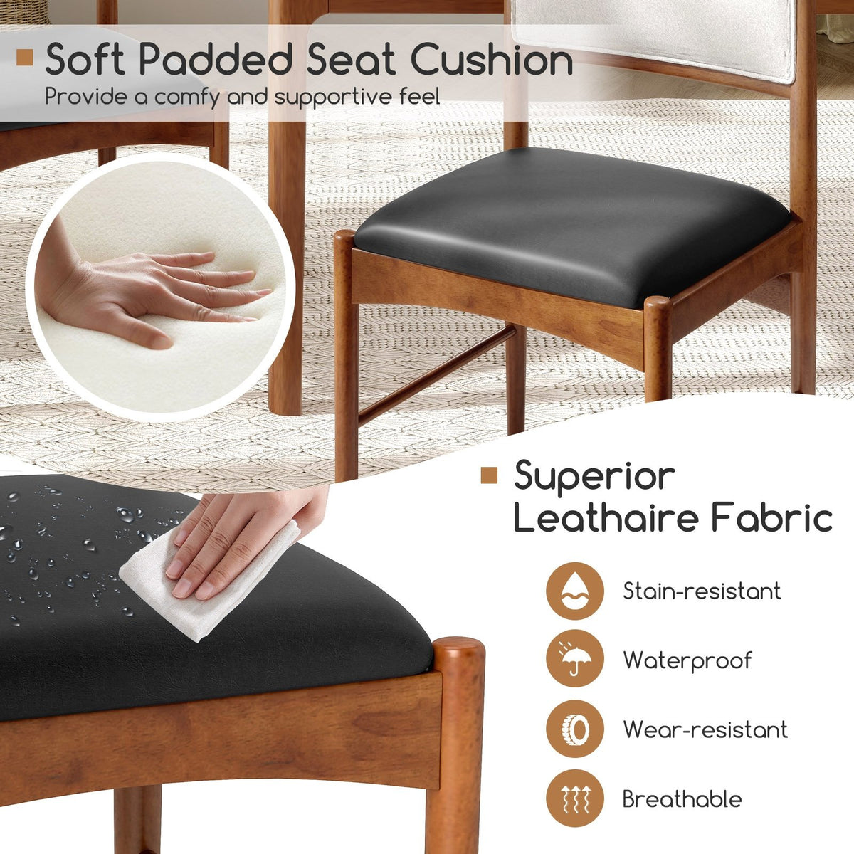 Wooden Dining Chair Set of 2 with Rubber Wood Frame and Faux Sherpa Backrest-Walnut view 9
