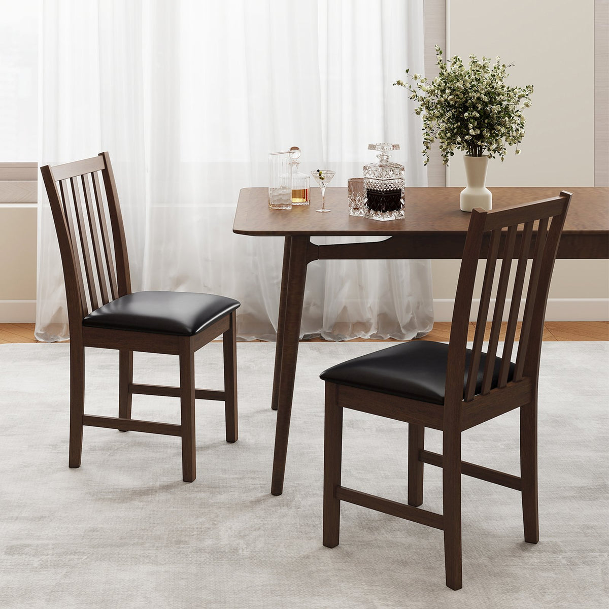 Wooden Dining Chair Set of 2 with Rubber Wood Frame and Padded Seat-Brown view 2