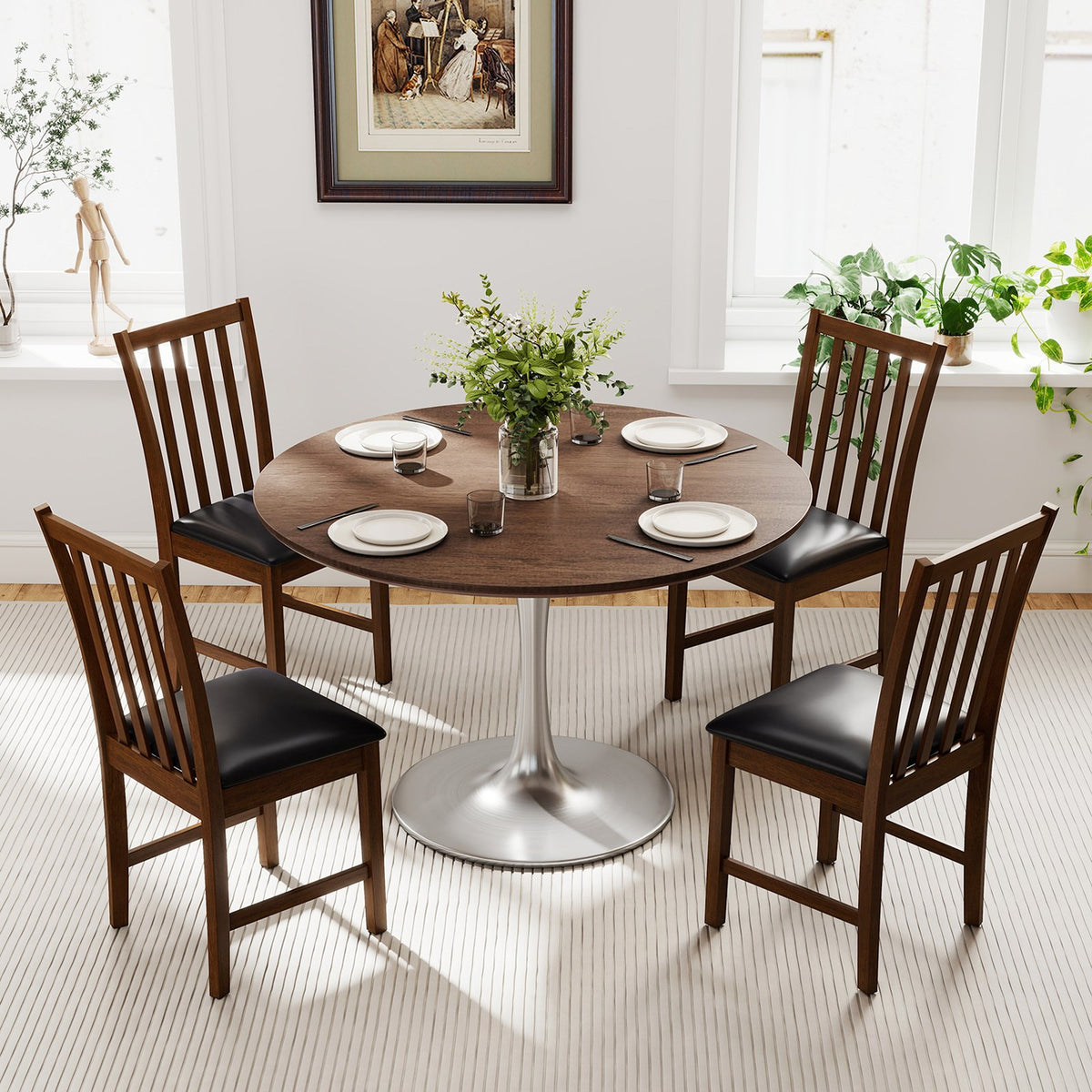 Wooden Dining Chair Set of 2 with Rubber Wood Frame and Padded Seat-Brown view 6
