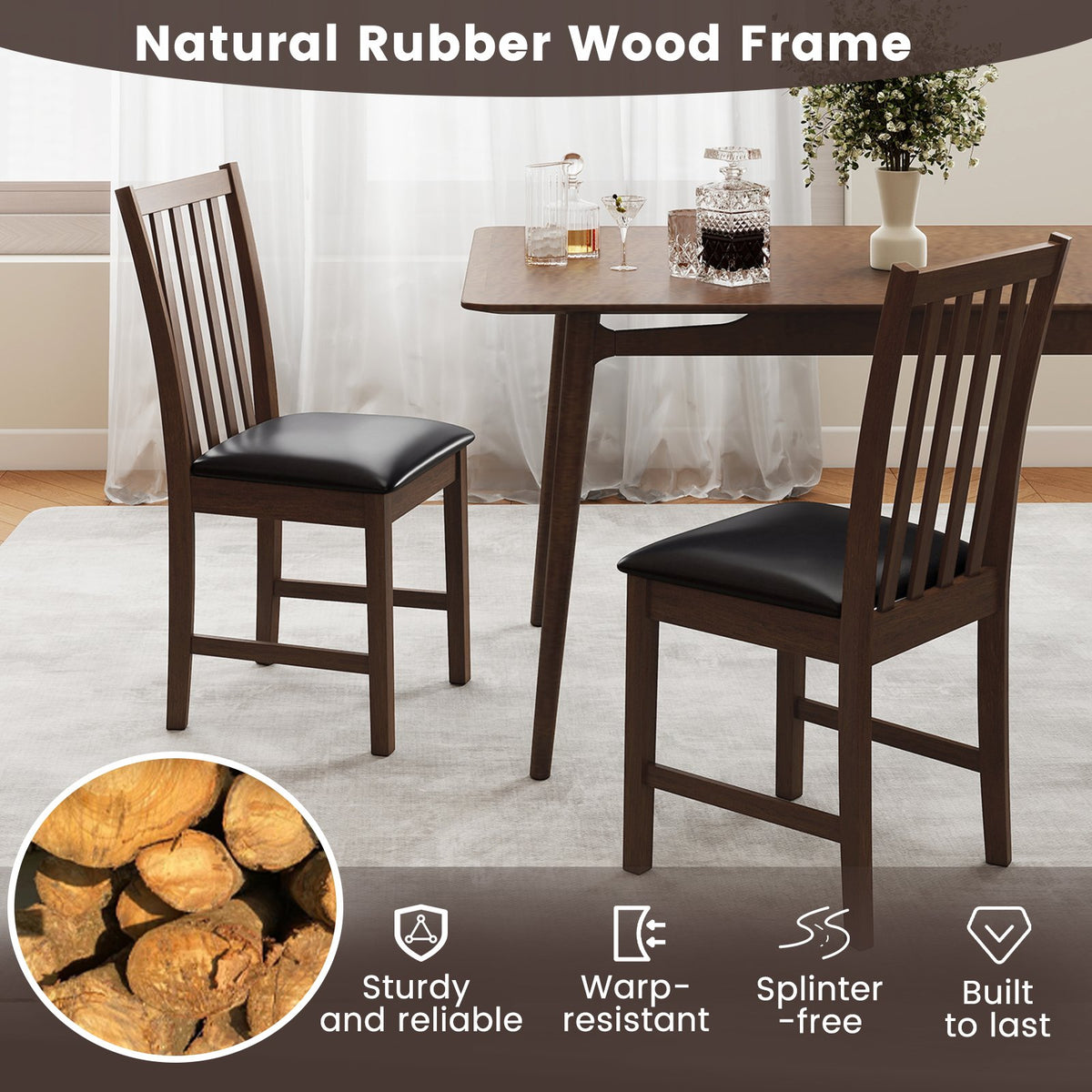 Wooden Dining Chair Set of 2 with Rubber Wood Frame and Padded Seat-Brown view 8