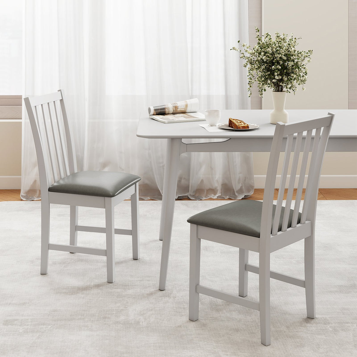 Wooden Dining Chair Set of 2 with Rubber Wood Frame and Padded Seat-White view 2