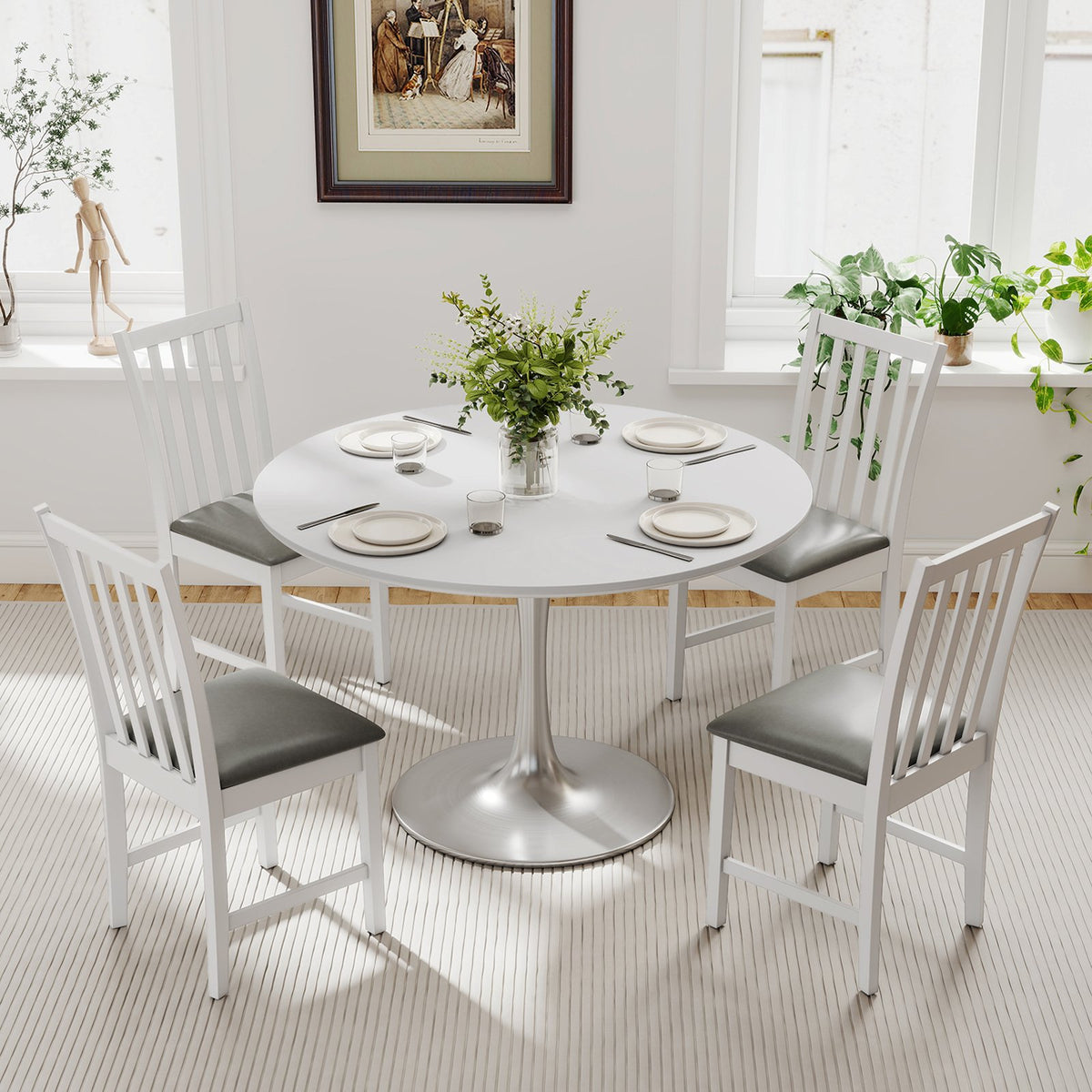 Wooden Dining Chair Set of 2 with Rubber Wood Frame and Padded Seat-White view 6