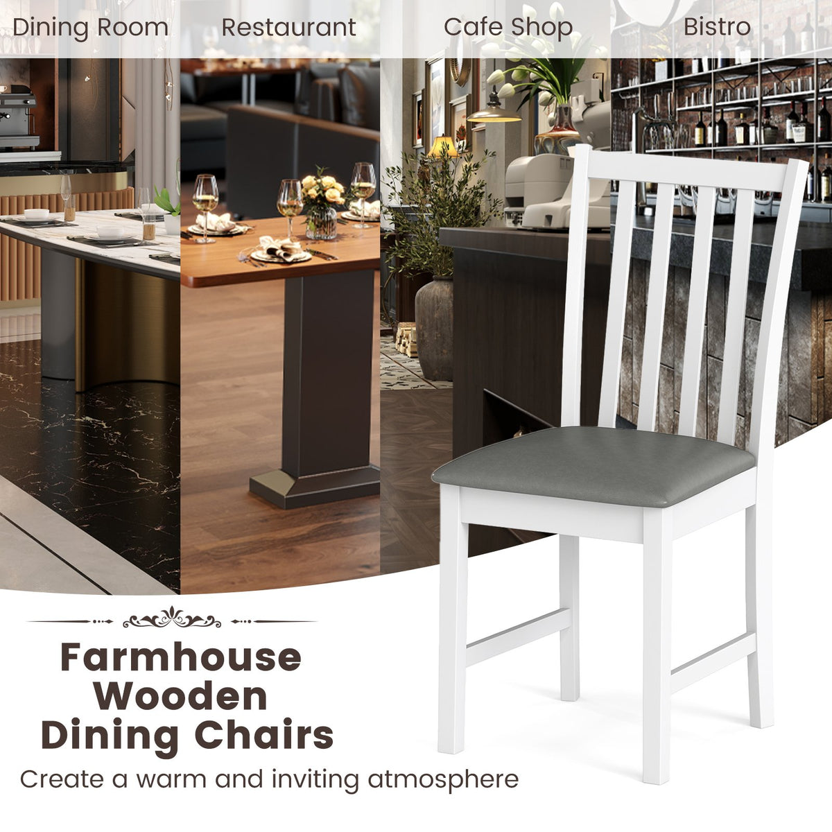 Wooden Dining Chair Set of 2 with Rubber Wood Frame and Padded Seat-White view 7