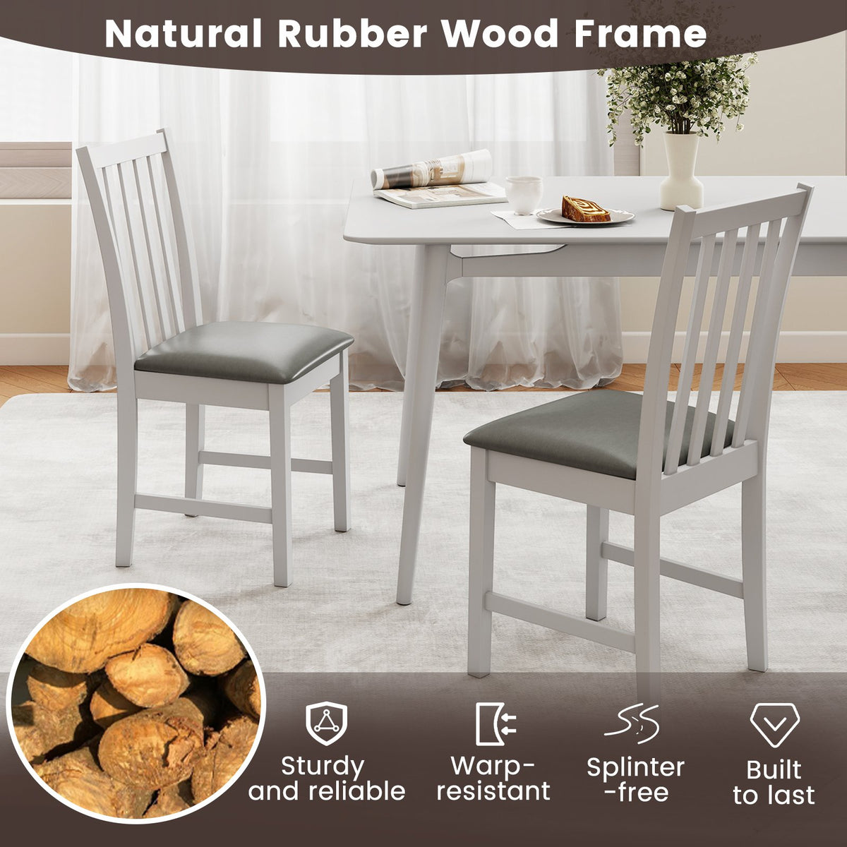 Wooden Dining Chair Set of 2 with Rubber Wood Frame and Padded Seat-White view 8