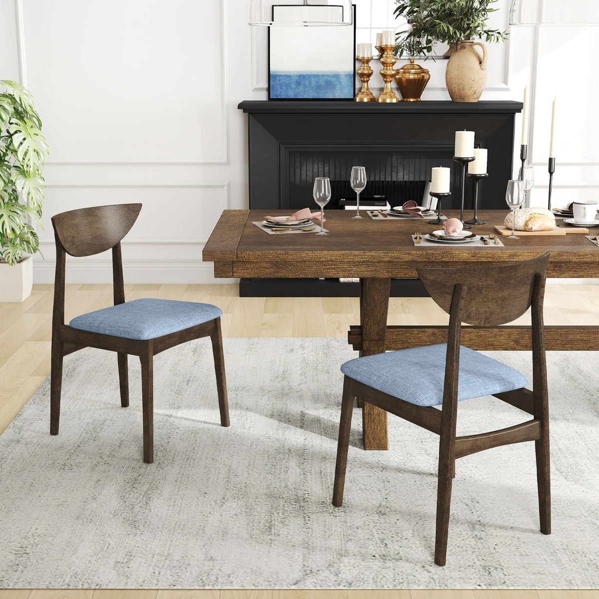 Wooden Dining Chair Set of 2 with Rubber Wood Leg-Brown view 2