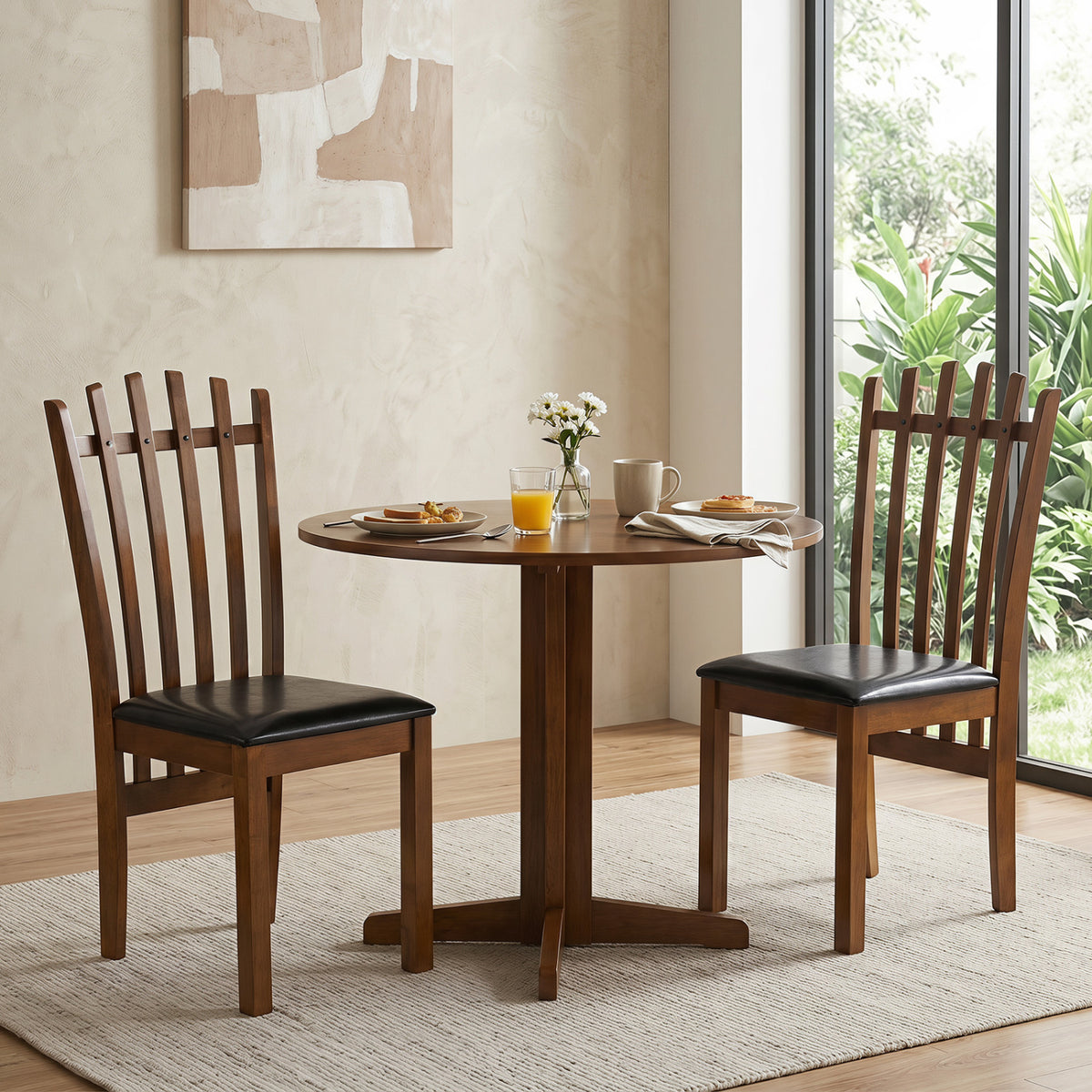 Wooden Dining Chair Set of 2 with Spindle Back & PU Leather Seat-Black view 2