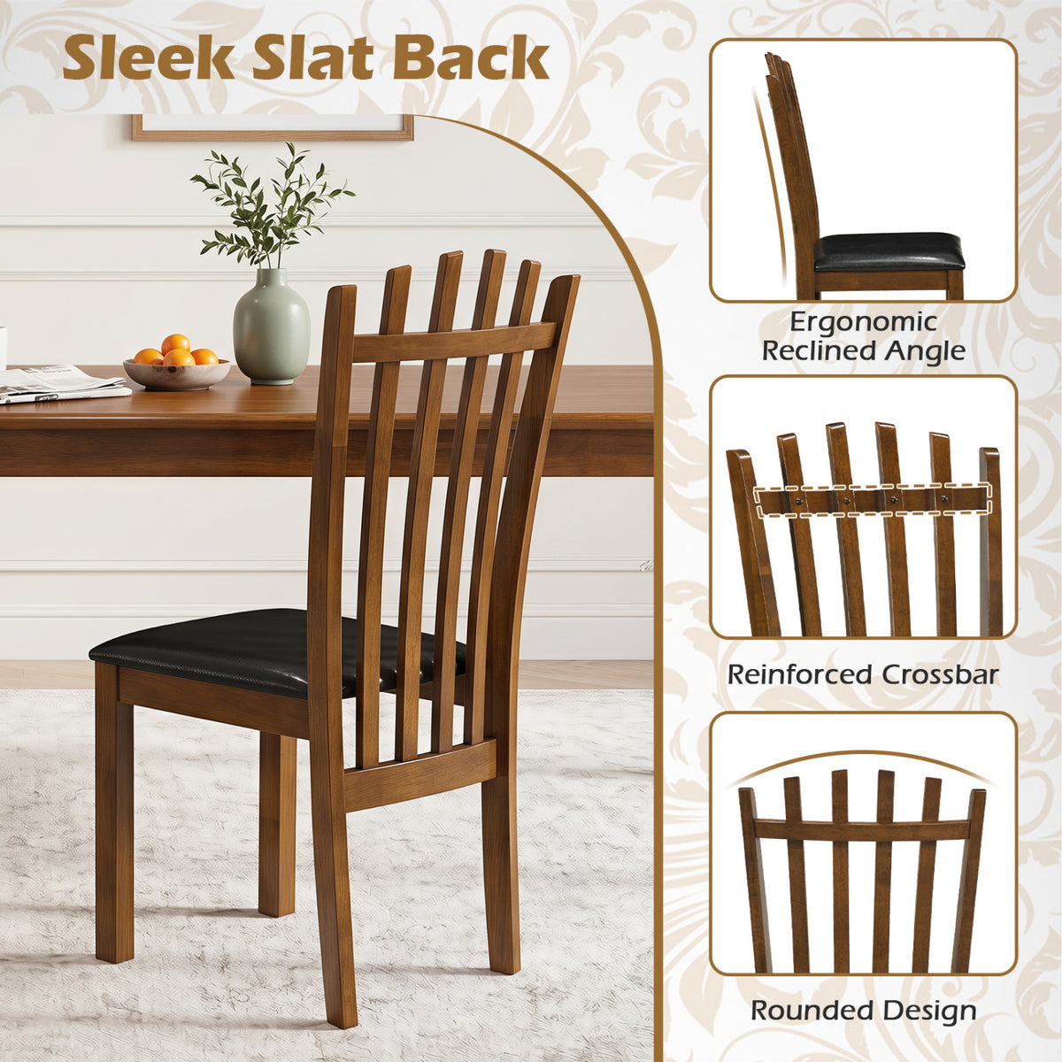 Wooden Dining Chair Set of 2 with Spindle Back & PU Leather Seat-Black view 5