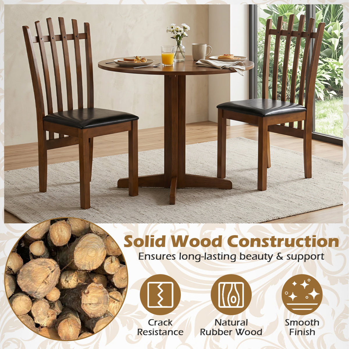 Wooden Dining Chair Set of 2 with Spindle Back & PU Leather Seat-Black view 7