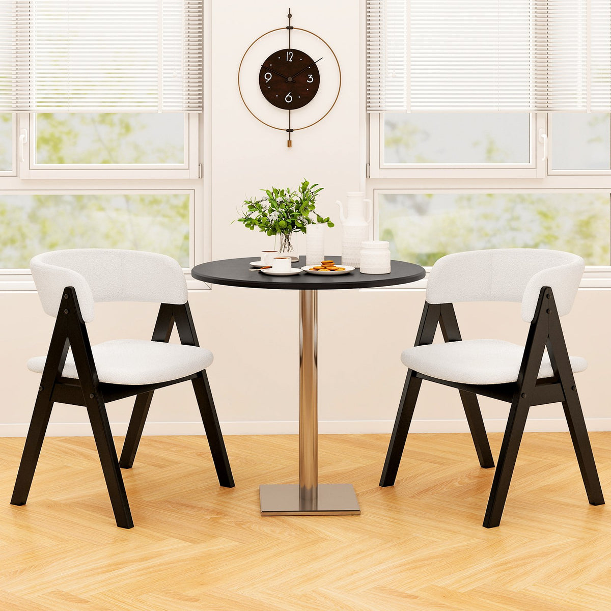 Wooden Dining Chair Set of 4 Mid-Century Modern Sherpa Upholstered Kitchen Dining Room Chairs-Black view 2
