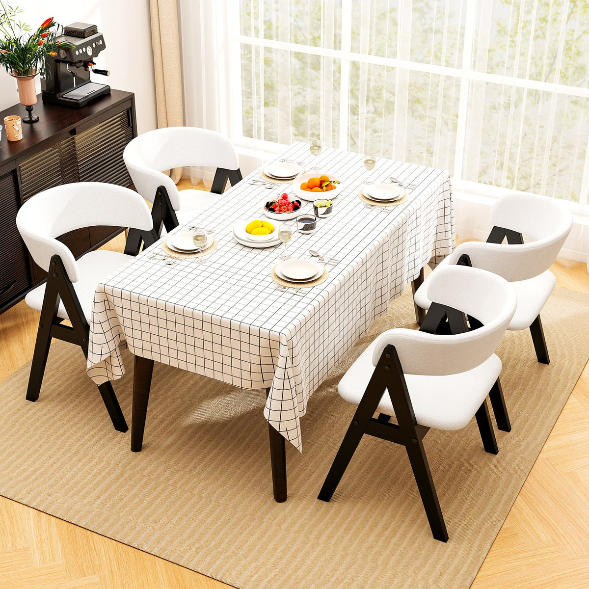 Wooden Dining Chair Set of 4 Mid-Century Modern Sherpa Upholstered Kitchen Dining Room Chairs-Black view 3