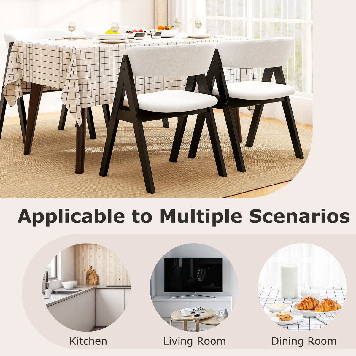 Wooden Dining Chair Set of 4 Mid-Century Modern Sherpa Upholstered Kitchen Dining Room Chairs-Black view 8