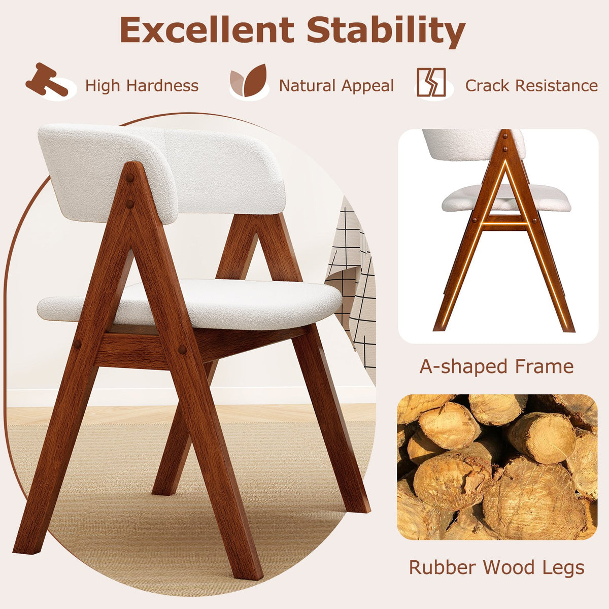 Wooden Dining Chair Set of 4 Mid-Century Modern Sherpa Upholstered Kitchen Dining Room Chairs-Walnut view 6