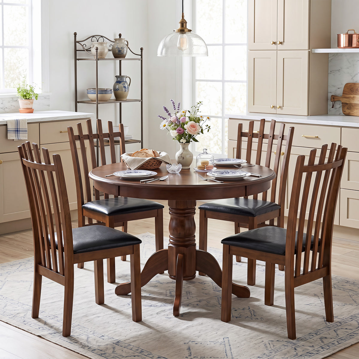 Wooden Dining Chair Set of 4 with Spindle Back & PU Leather Seat-Black view 3