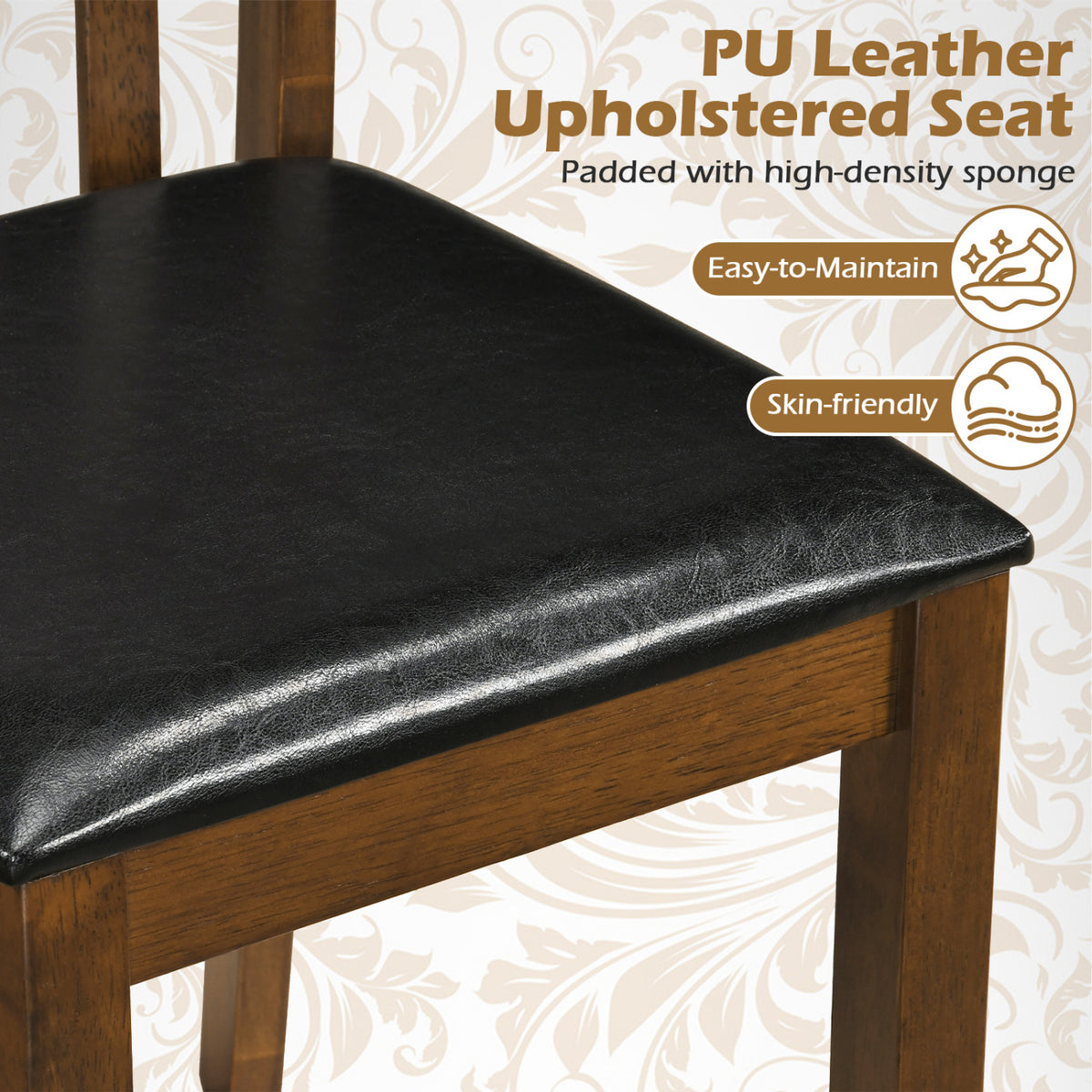 Wooden Dining Chair Set of 4 with Spindle Back & PU Leather Seat-Black view 6